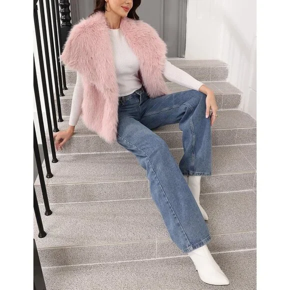 Women's Pink Faux Fur Vest Lapel Collar Sleeveless Furry Jacket Shaggy Warm - Picture 7 of 7